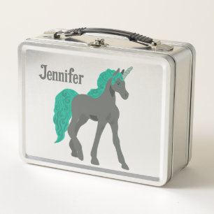Lunch Box Unicorne grise et Turquoise Personnalisée