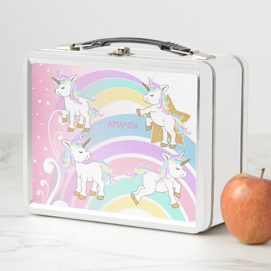 Lunch Box Unicornes arc-en-ciel rose (En situation)