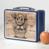 Lunch Box Vache Highland dans Bucket Blue/Faux (En situation)