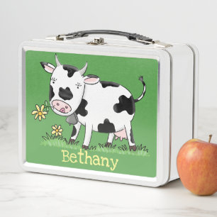 Lunch Box Vache mignonne en vert dessin animé sur le terrain