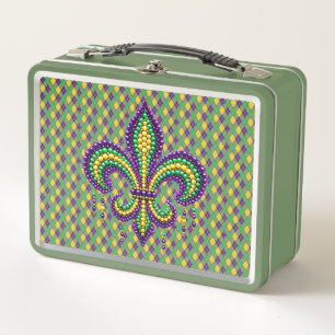 Lunch Box Vert jaune pourpre Mardi Gras fleur de lis