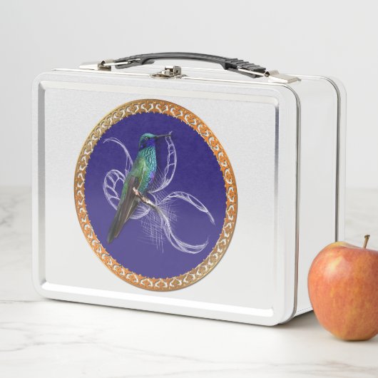 Lunch Box Vert turquoise et bleu avec colibri violet (En situation)