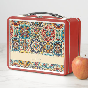 Lunch Box Vibrant carreaux bleu rouge mexicain Personnalisé
