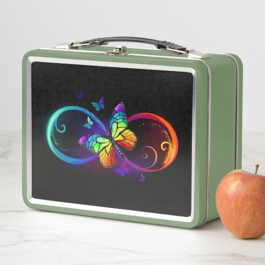 Lunch Box Vibrant infinity with rainbow butterfly on black (En situation)