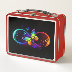 Lunch Box Vibrant infinity with rainbow butterfly on black