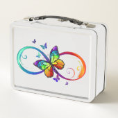 Lunch Box Vibrant infinity with rainbow butterfly on black (Dos)