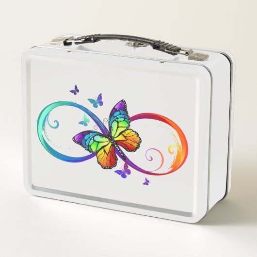 Lunch Box Vibrant infinity with rainbow butterfly on black (Dos)