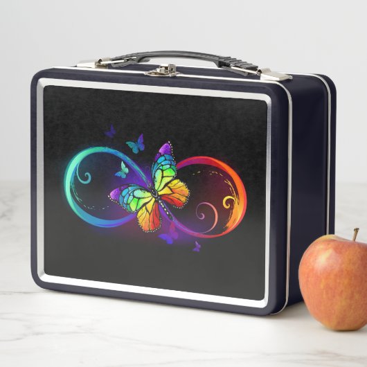 Lunch Box Vibrant infinity with rainbow butterfly on black (En situation)