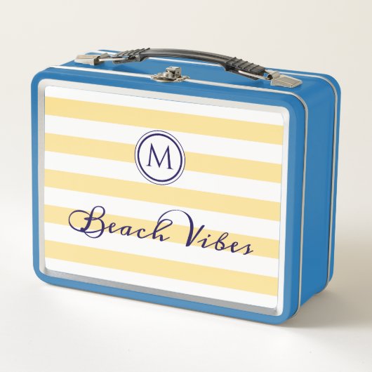 Lunch Box Vibrations de Plage Jaune Blanc Rayé Chic Monogram (Devant)