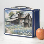 Lunch Box Vieille Grange En Bois Avec Fleurs sauvages Bleus (En situation)