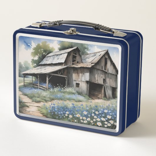 Lunch Box Vieille Grange En Bois Avec Fleurs sauvages Bleus (Devant)