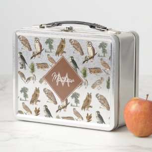 Lunch Box Vintage Owl Watercolor Forest Motif Monogramme