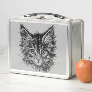 Lunch Box Visage de Kitten noir et blanc sur gris
