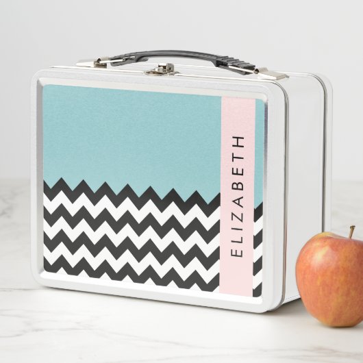 Lunch Box Zigzag noir et blanc, Chevron, Bleu, Votre nom (En situation)