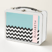 Lunch Box Zigzag noir et blanc, Chevron, Bleu, Votre nom (Devant)
