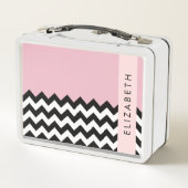 Lunch Box Zigzag noir et blanc, Chevron, rose, Votre nom (Dos)
