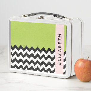 Lunch Box Zigzag noir et blanc, Chevron, Vert, Votre nom