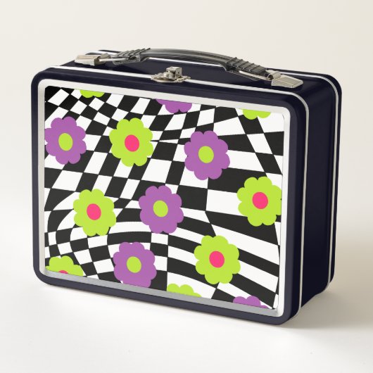 Lunchbox en métal avec rétro Checkers et Fleurs (Devant)