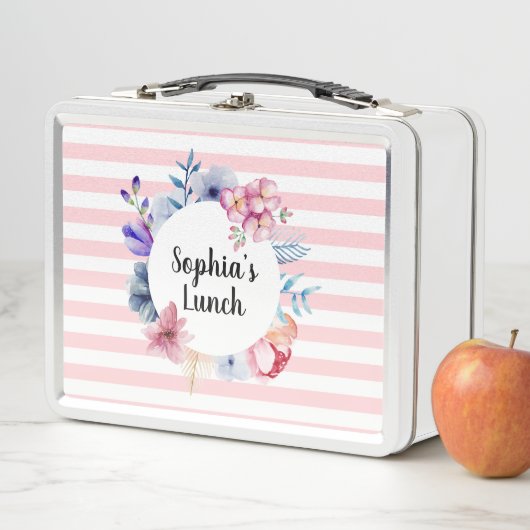 Lunchbox en métal rayé rose (En situation)