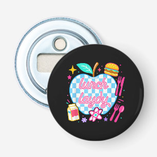 Lunchdame terug naar school geruit eerste dag button flesopener