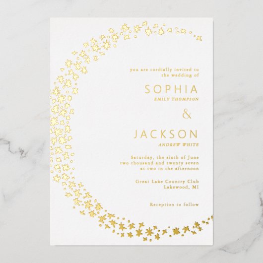 Lune des étoiles Mariage blanc Foil Invitation (Recto)