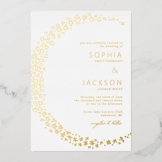 Lune des étoiles Mariage blanc Foil Invitation (Recto)