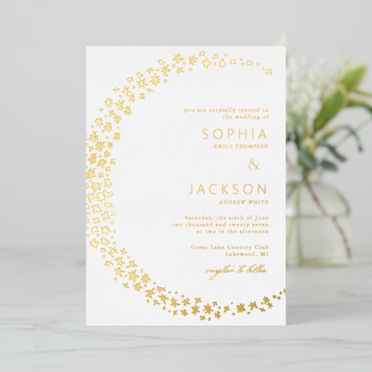 Lune des étoiles Mariage blanc Foil Invitation (Debout devant)