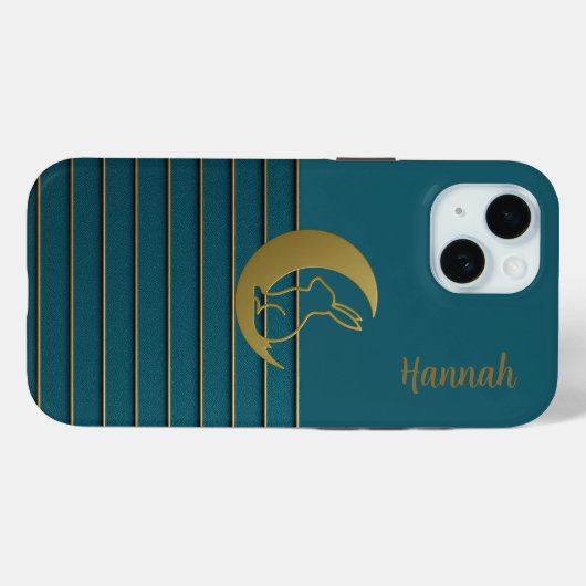 Lune d'or et lapin sur iPhone Turquoise / coque ip (Verso (horizontal))