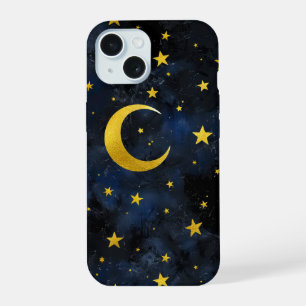 Lune dorée et étoiles sur marbre bleu foncé