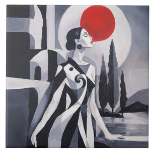 Lune écarlate : Carreau en céramique stylisé 6x6