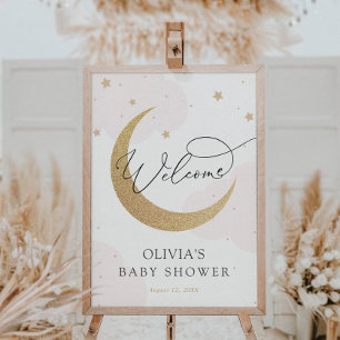 Lune et étoiles Baby shower rose Affiche de bienve