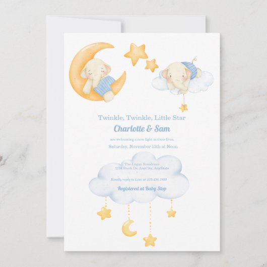 Lune et étoiles | Invitations de douche bébé éléph (Devant)