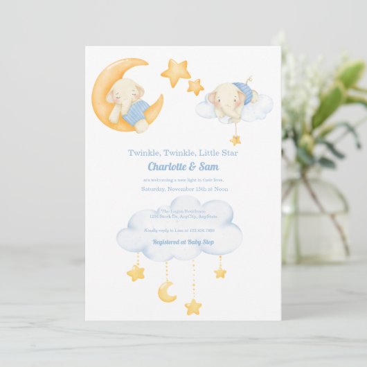 Lune et étoiles | Invitations de douche bébé éléph (Debout devant)
