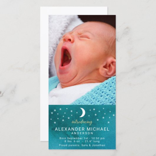 Lune et étoiles Photo Faire-part bébé (Devant / Derrière)