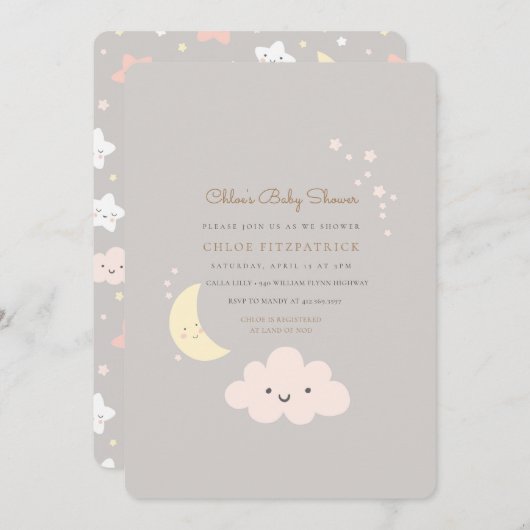 Lune et Star Baby shower Invitation Grey (Devant / Derrière)