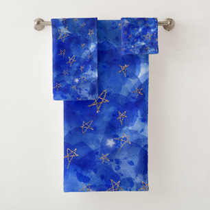 Lune Étoiles Bronze Or Aquarelle Bleue Fantaisiste