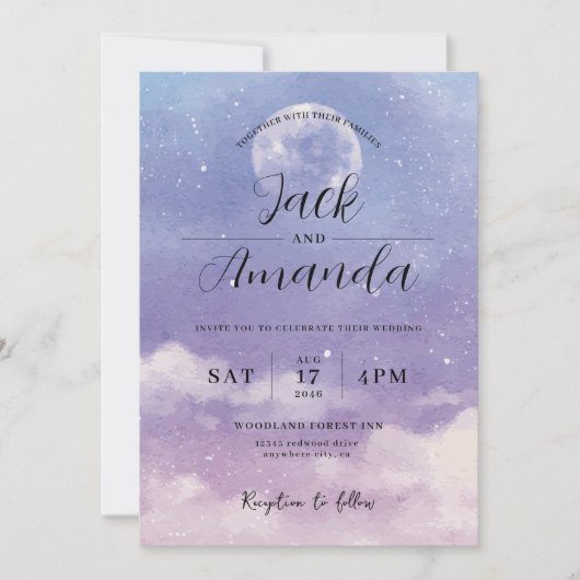 Lune romantique Aquarelle invitations mariage (Devant)
