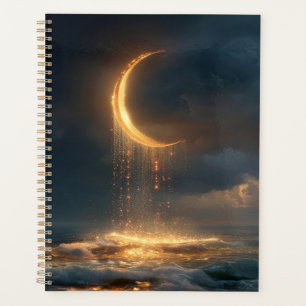 Lune surréelle de croissant d'or au-dessus de l'oc