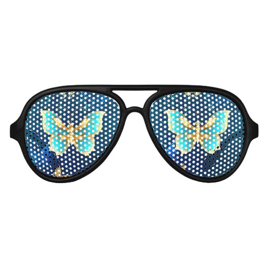 Lunettes De Fête Aviateur Papillons d'or sur un Arrière - plan bleu (Devant)