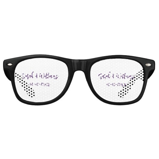Lunettes De Fête Retro couple de mariages. Nom date violet simple mo mini (Devant)