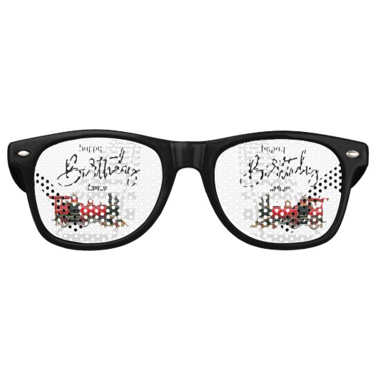 Lunettes De Fête Retro Train rouge "Votre nom" Joyeux anniversaire (Devant)