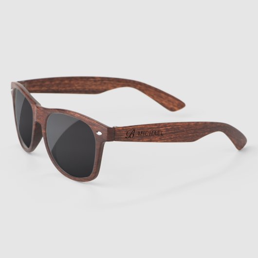 Lunettes De Soleil Monogramme Nom personnalisé Script noir moderne (Gauche)