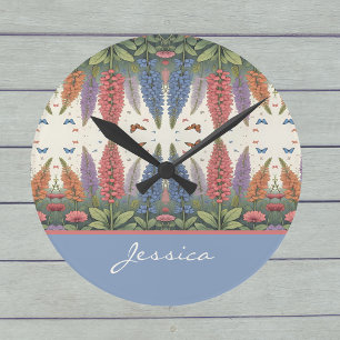 Lupine Flowers n Butterflies Monogram Ronde Klok
