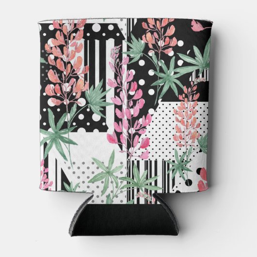 Lupines op een lappendeken zwarte en witte achterg blikjeskoeler (Voorkant)