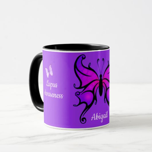 Lupus Awareness Support Paars Add Name Butterfly Mok (Voorkant links)