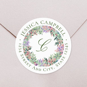 Luscious Floral Wreath Monogram Retouradres Ronde Sticker