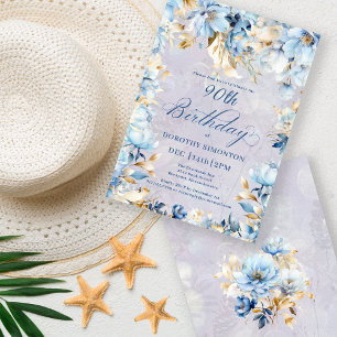Lush Blue White Waterverf Floral 90th Birthday Kaart