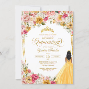 Lush Blush Pink Yellow Gold Floral Quinceanera Inv Kaart
