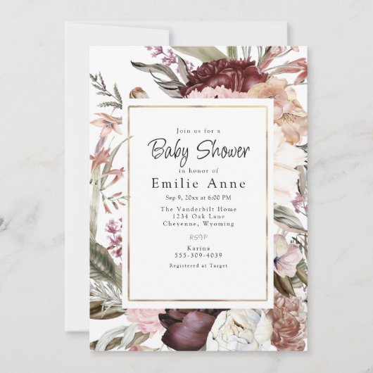 Lush Boho Rozen, Dalias en Wildbloemen Uitnodiging (Voorkant)