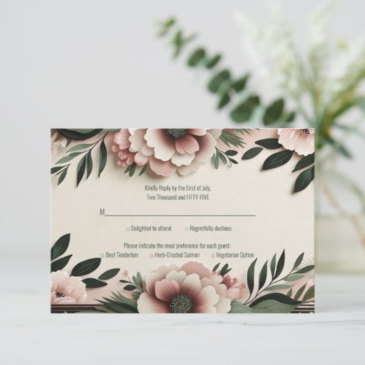 Lush Donkergroen en Blush Roze Bloemenbruiloft RSVP Kaartje (Staand voorkant)